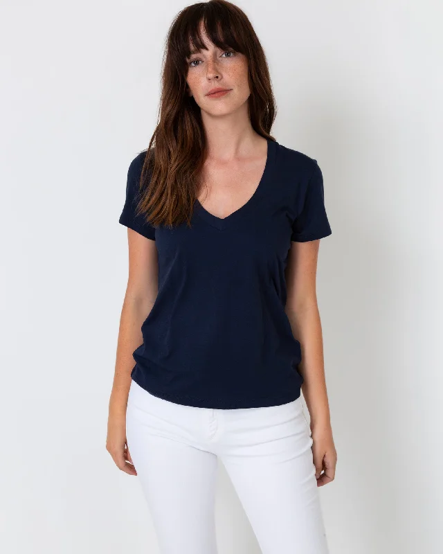 Short-Sleeved Deep-V Tee in Navy Pima Cotton