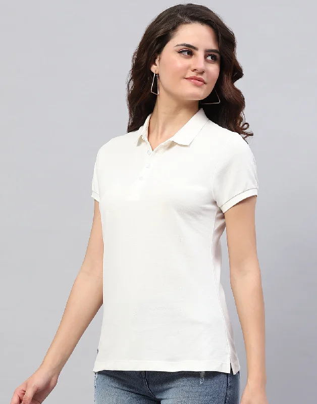 Women Off White Solid Collar Half Sleeve T-Shirt