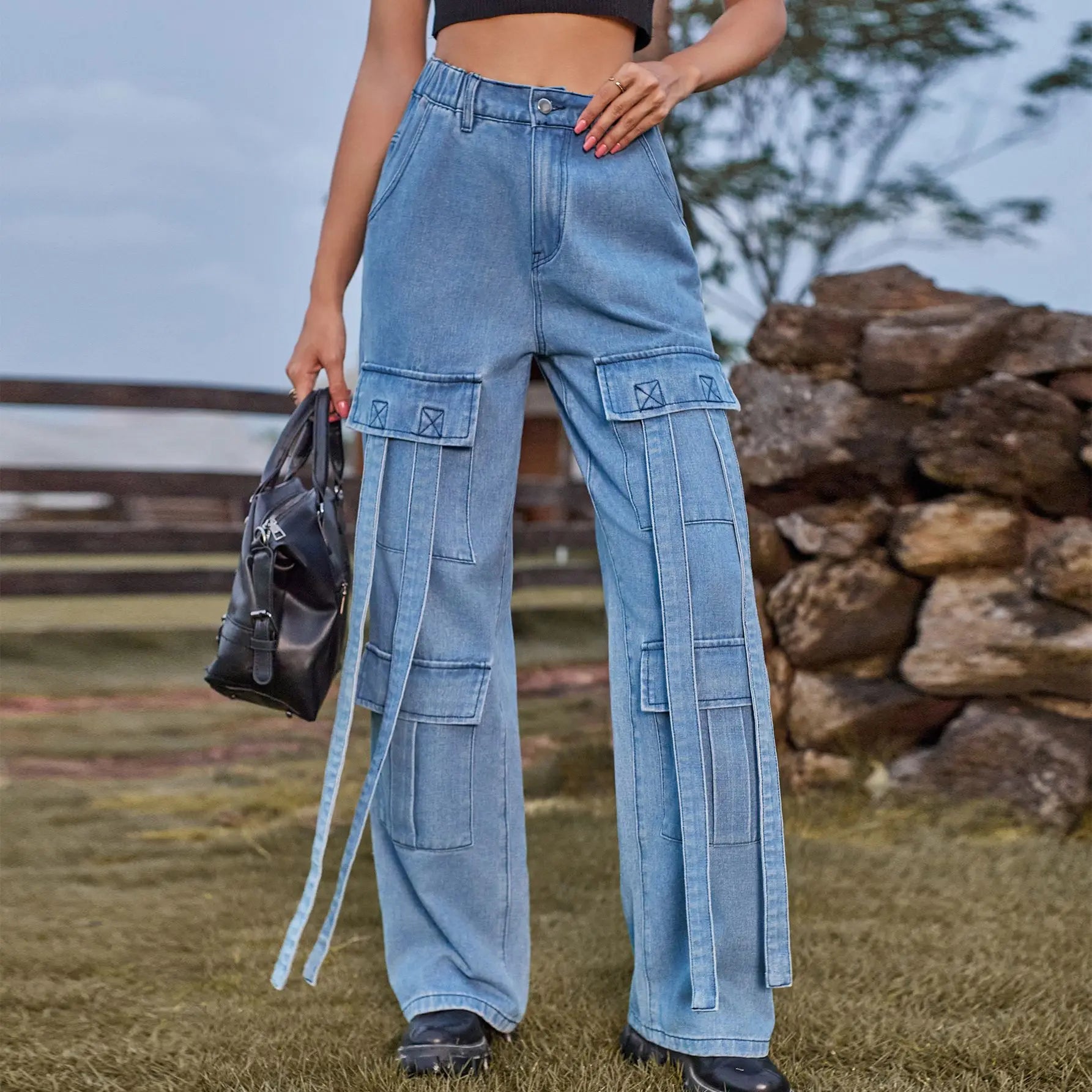 Amy Fashion - 90s Streetwear Blue Cargo Casual Big Pockets Overalls High Waist Straight Denim Jean