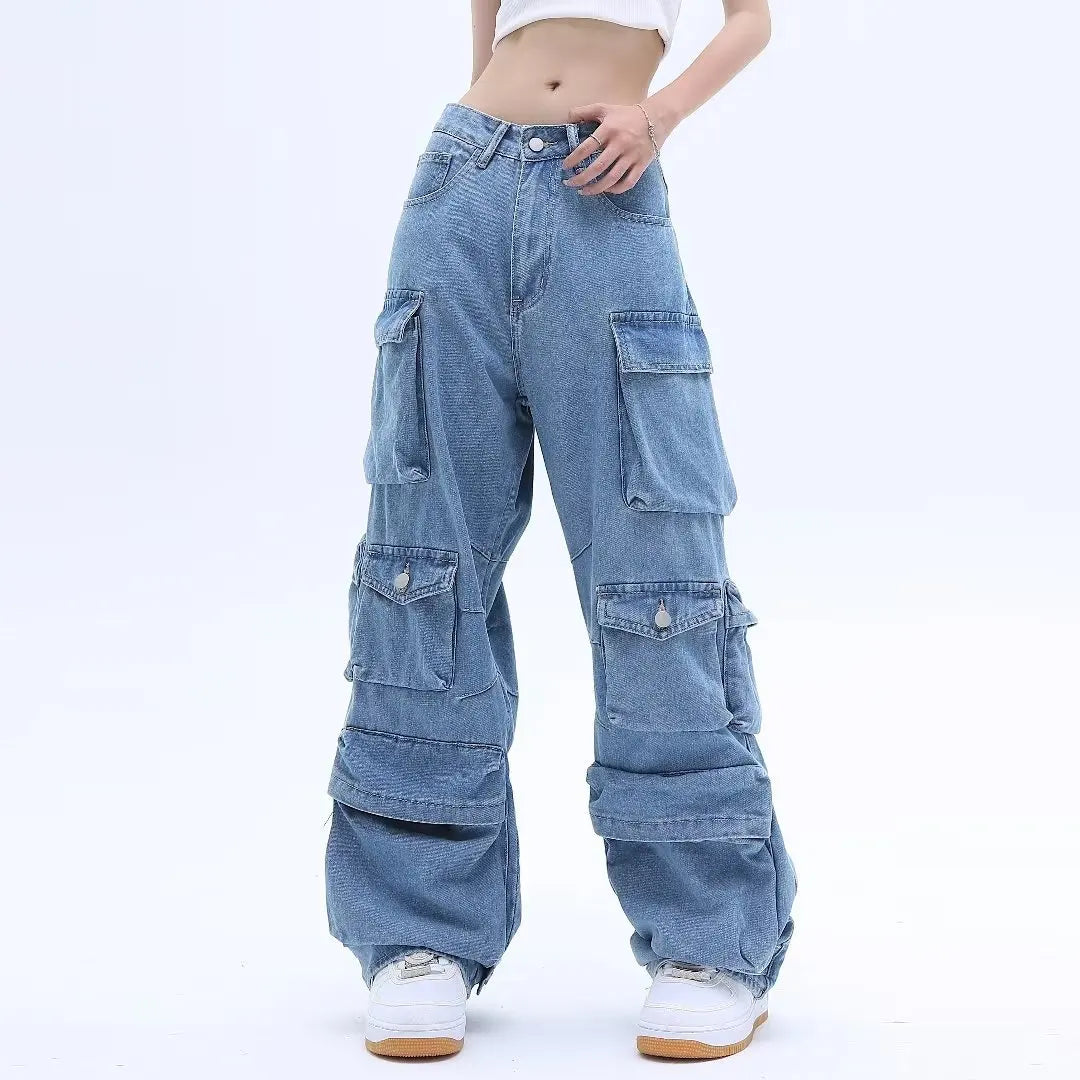 Amy Fashion - Multi-Pocket Washed Cargo New Heavy Industry Y2K Vintage Streetwear Loose Oversized Straight-Leg Jean