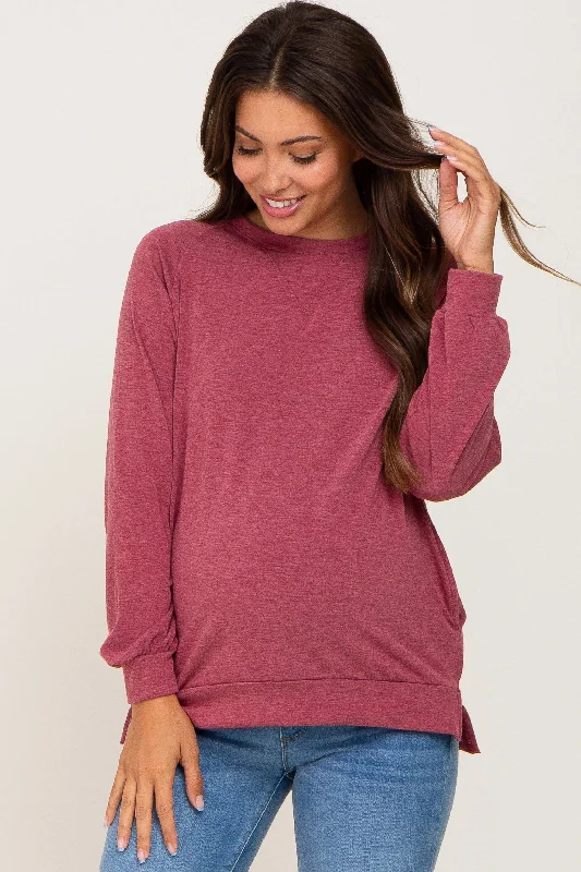 Burgundy Hi-Low Side Slit Long Sleeve Maternity Top