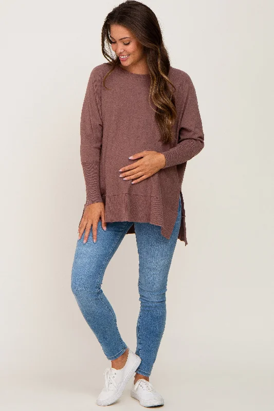 Mocha Dolman Sleeve Side Slit Maternity Sweater