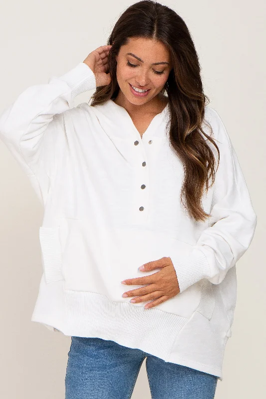 White Button Front Ribbed Trim Hooded Maternity Sweatshirt