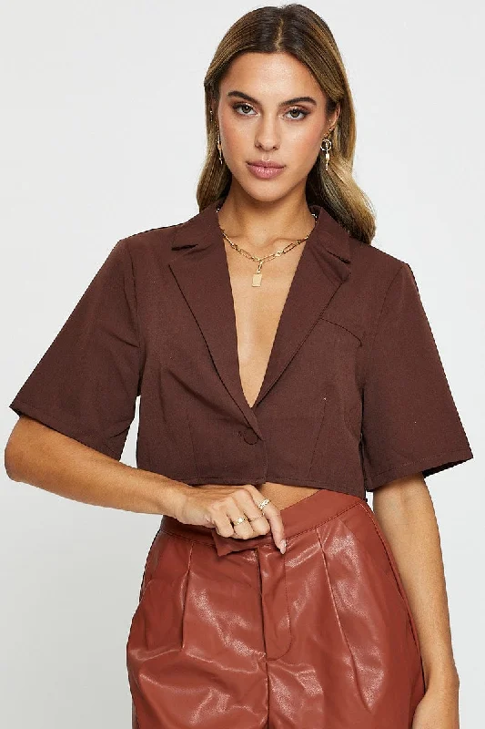 Brown Crop Shirts Short Sleeve Collared