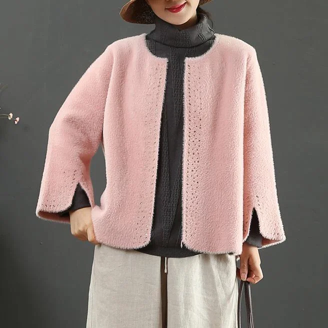 Elegant pink Woolen Coats Women Loose fitting winter jackets side open sleeve winter coat