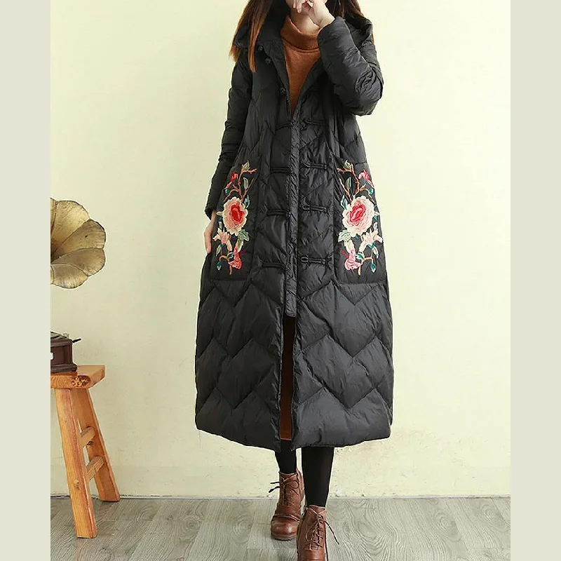 Fine black embroidery down jacket woman oversize womens parka coats Chinese Button hooded