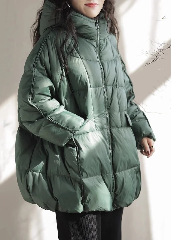 French Green Oversized Pockets Fine Cotton Filled Parka Jacket Winter