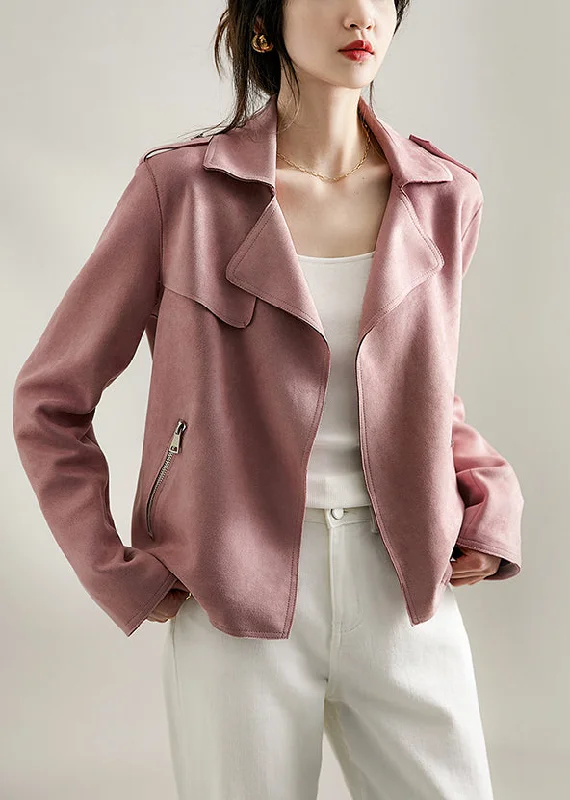 French Pink Lapel Oversized Faux Suede Jacket Fall