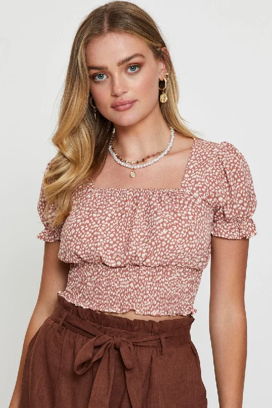 Geo Print Puff Sleeve Top Short Sleeve Crop