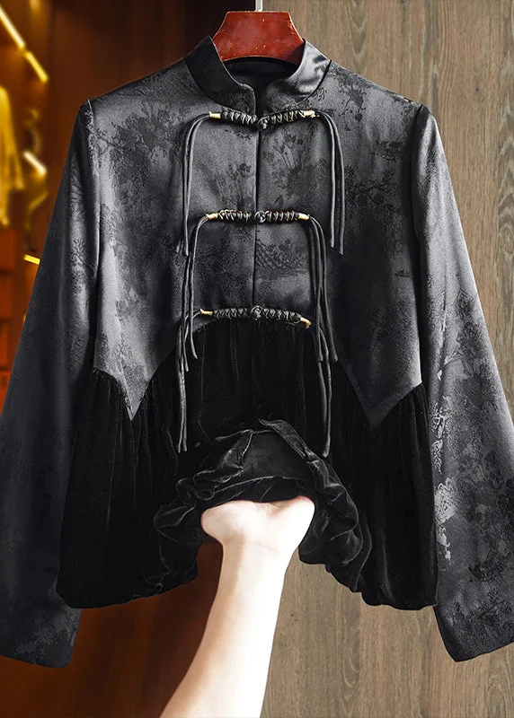 Vintage Black Tasseled Jacquard Patchwork Silk Velour Coat Fall