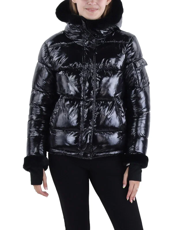 Lacquer Jane Womens Faux Fur Trim Hooded Puffer Jacket