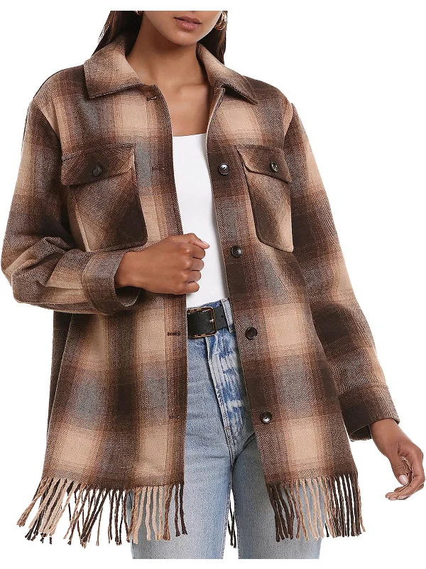 Womens Plaid Fringe Shirt Jacket