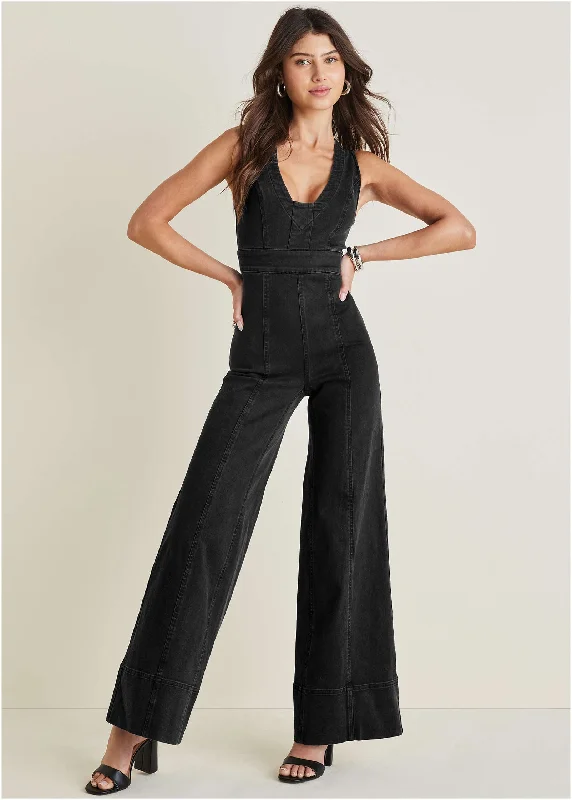 Stretch Denim Jumpsuit - Black Wash