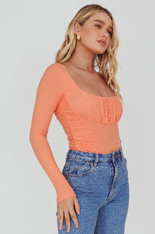 Bobbi Long Sleeve Ruched Side Ribbed Bodysuit Orange