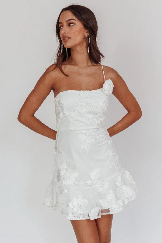 Lilah One-Shoulder Embellished Rosette Dress White