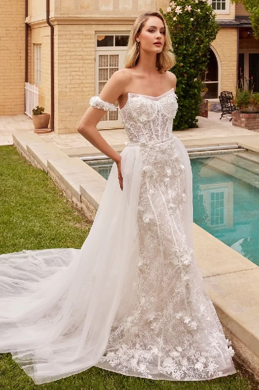 Cinderella Divine CD861W Long Strapless Fitted Overskirt Wedding Dress