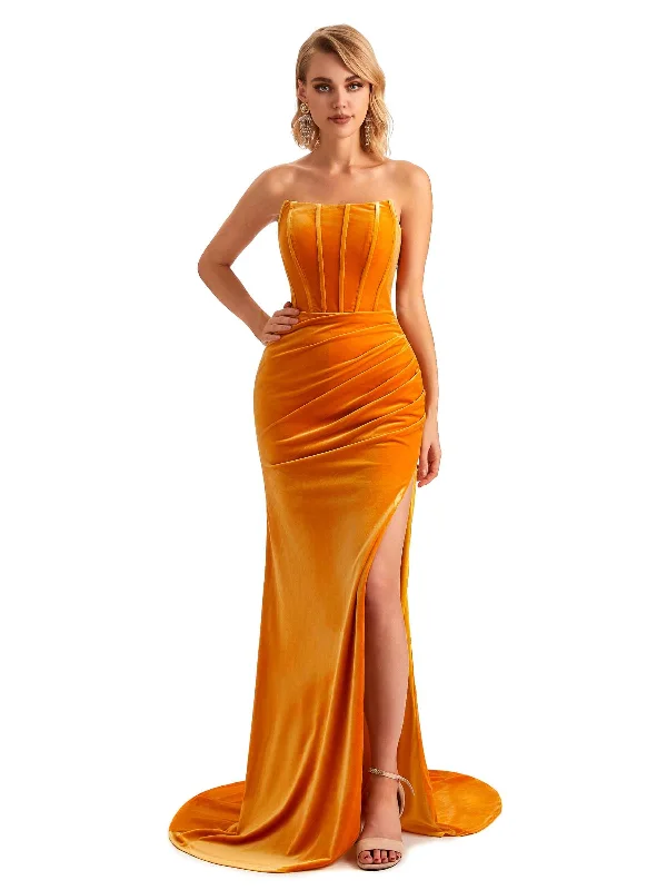 Sexy Side Slit Mermaid Strapless Velvet Long Bridesmaid Dresses Online