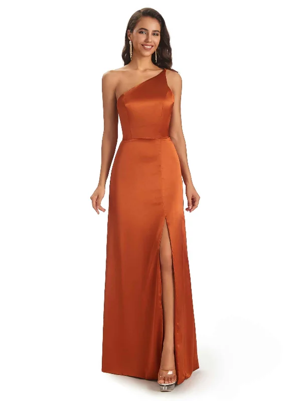 Simple Soft Satin Side Slit One Shoulder Long African Bridesmaid Dresses Online